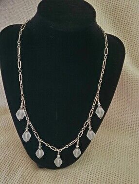 Silver Chain Necklace with Frosted White Glass Drops
